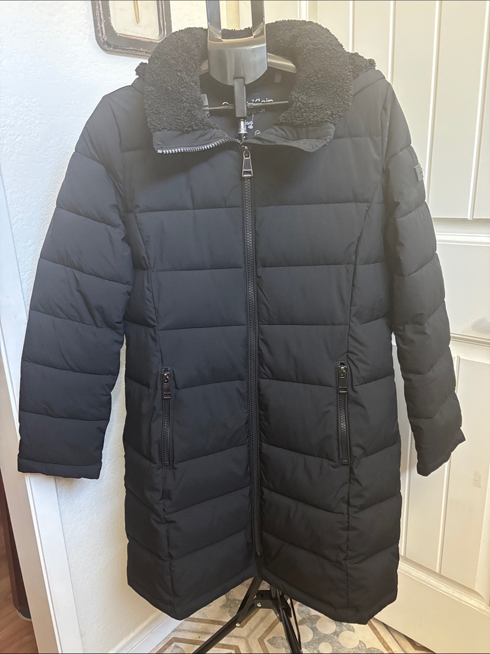 Calvin Klein Black Quilted Long Puffer Coat with Sherpa Collar